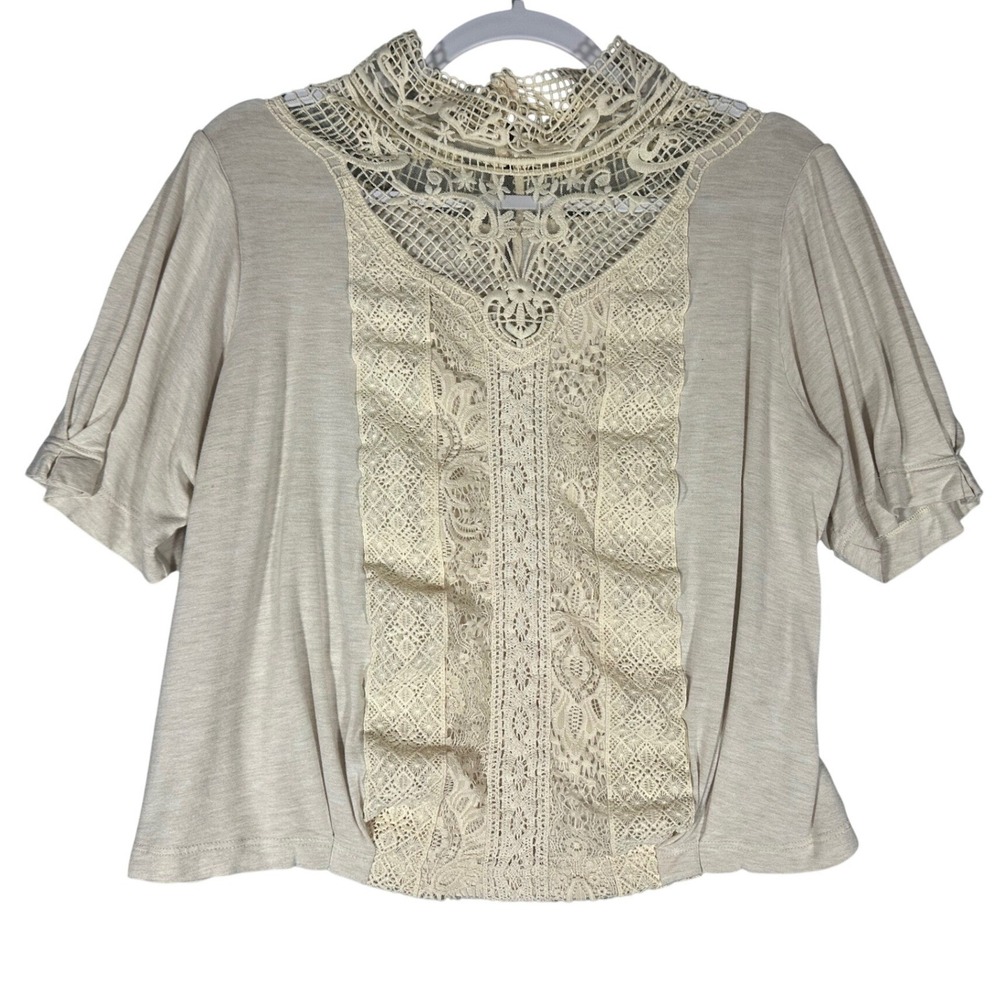 TINY Anthropologie Celine Crochet Lace High‎ Neck Blouse Sz L Ivory Rayon 71935T